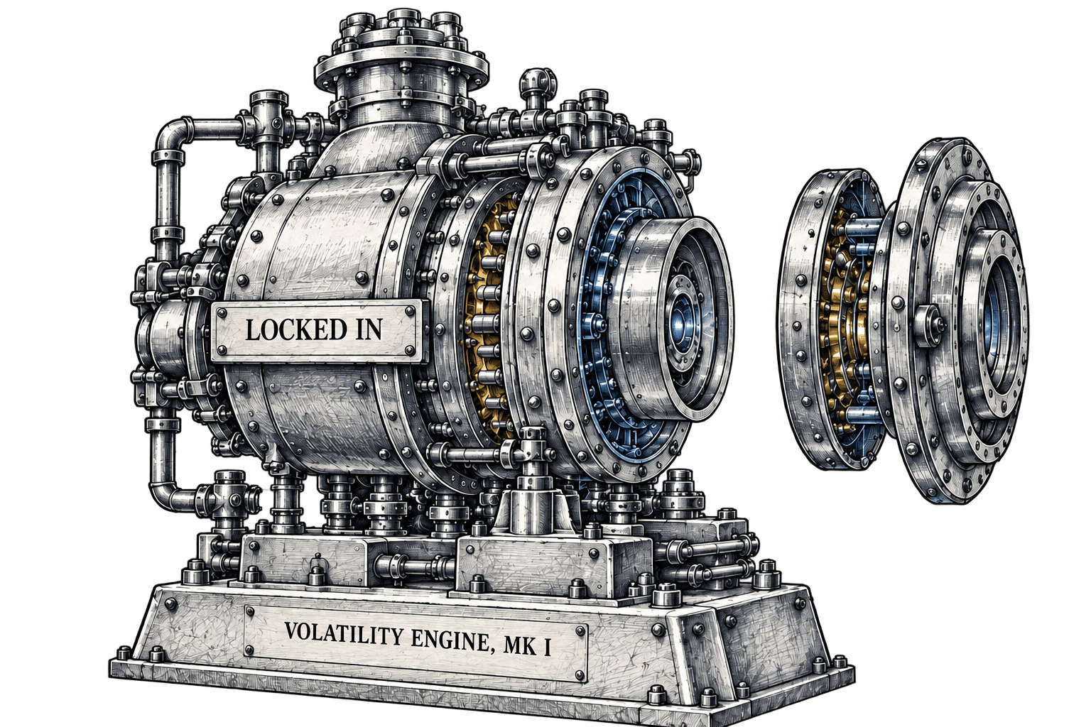 Illustrated Volatility Engine, Mk I, with its moving parts separated
