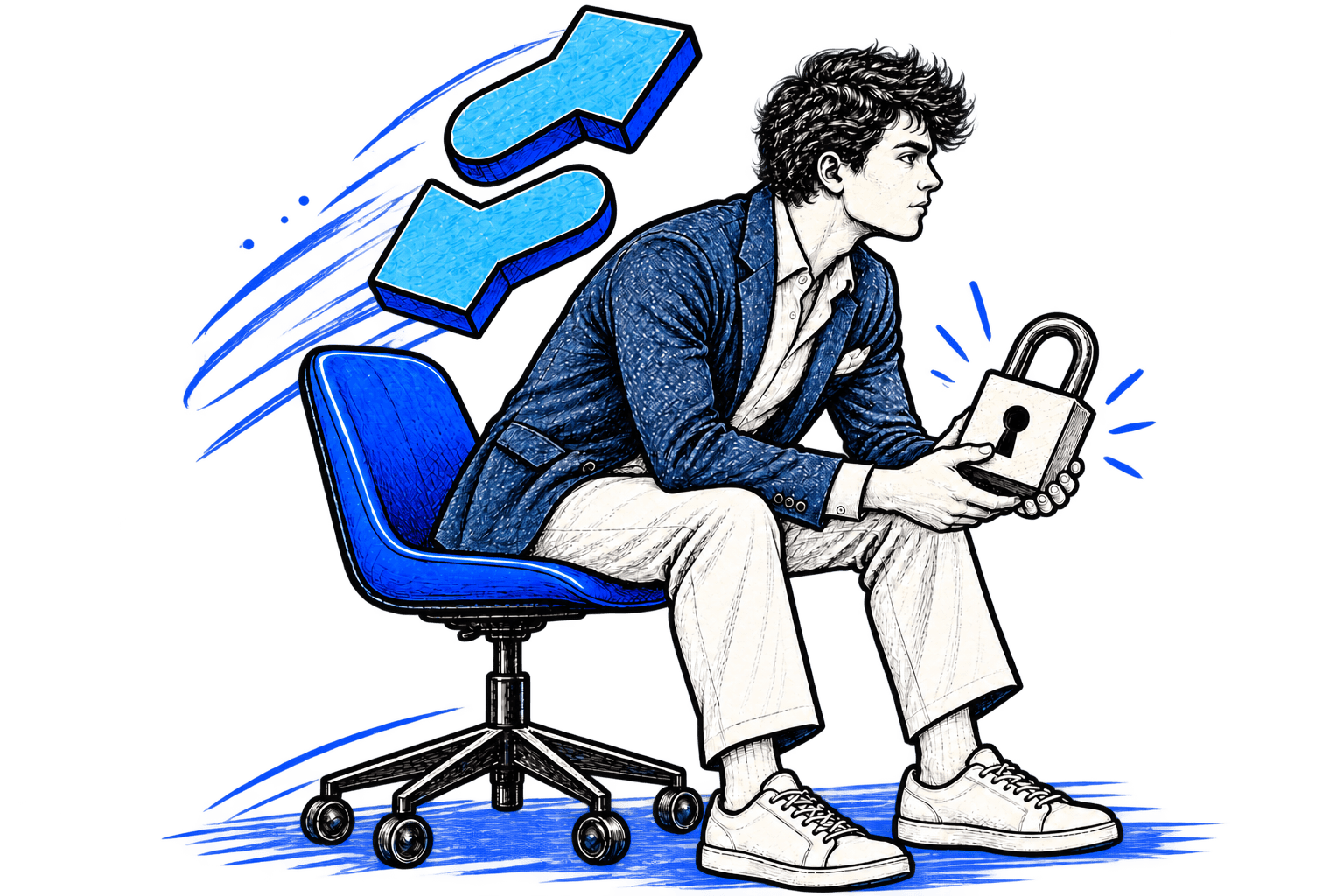 A seated figure, locked in.